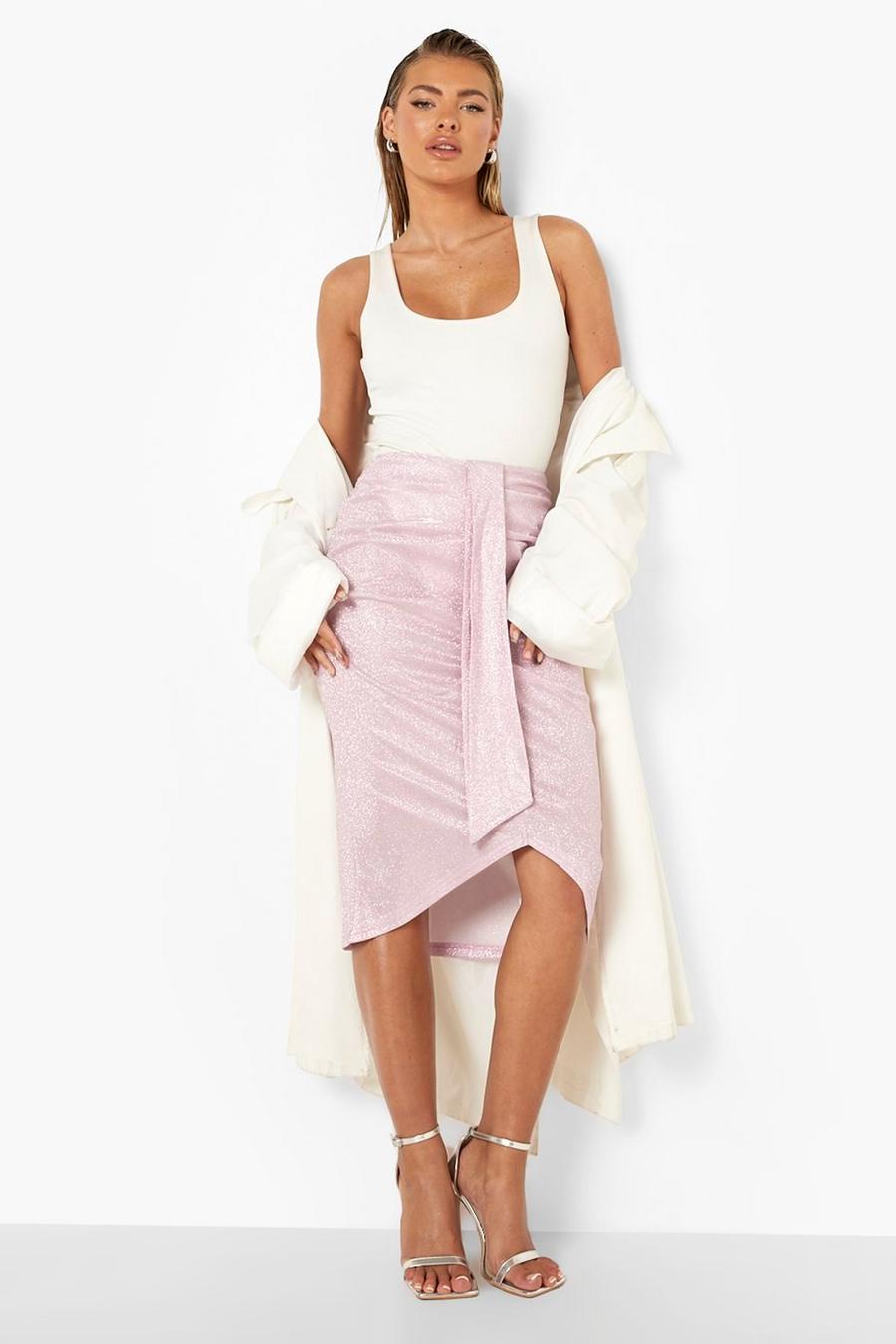 Pink Glitter Foldover Drape Midi Skirt image number 1
