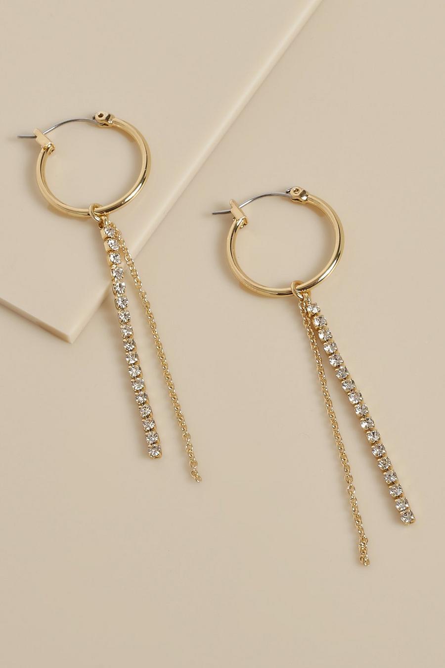 Gold Drop Diamante Hoop Tassel Earrings image number 1