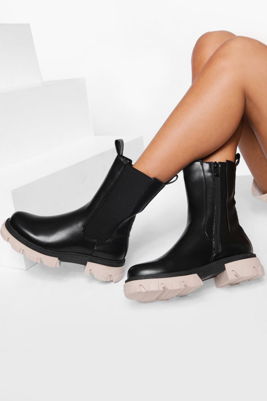 Black schwarz Calf Height Contrast Sole Chelsea Boots