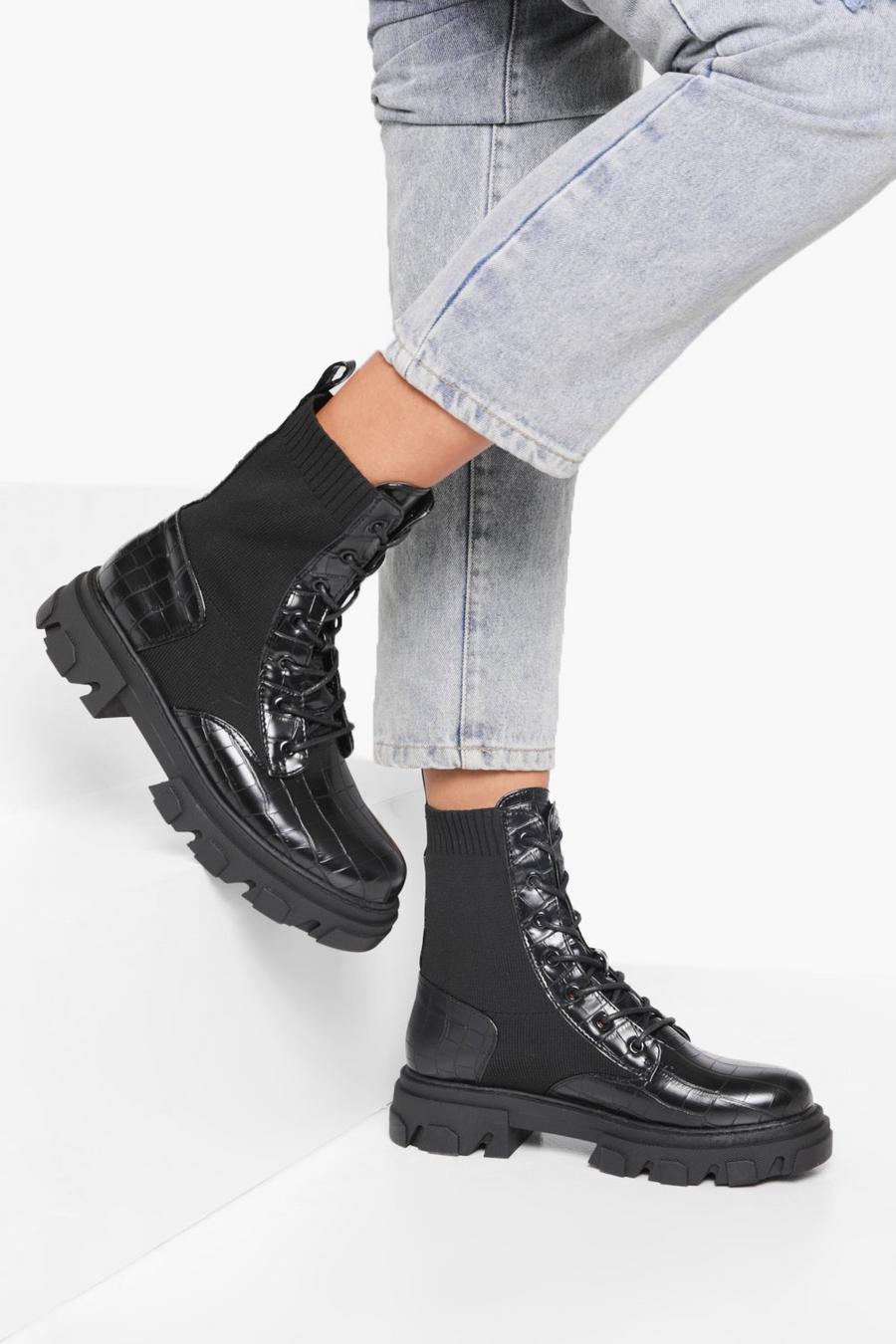 Black Cleated Knit Detail Croc Combat Boots image number 1