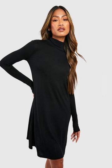 Black Basic Turtleneck Long Sleeve Swing Dress