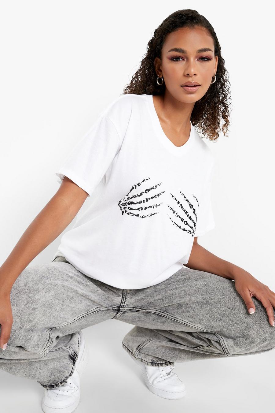 Halloween Oversize T-Shirt mit Skelett-Print, White image number 1