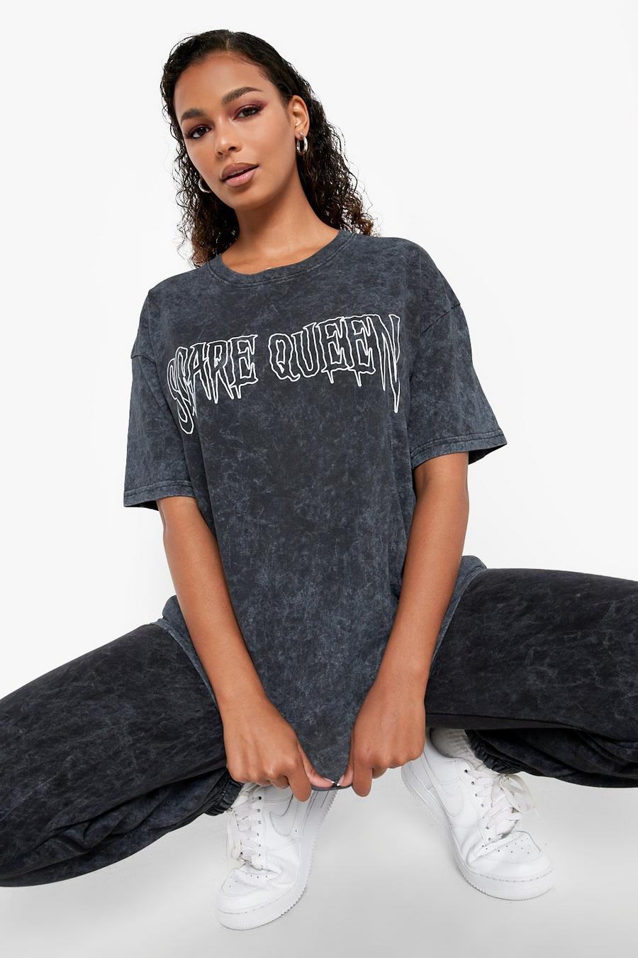 T-shirt oversize Halloween in lavaggio acido con scritta Scare Queen, Charcoal image number 1