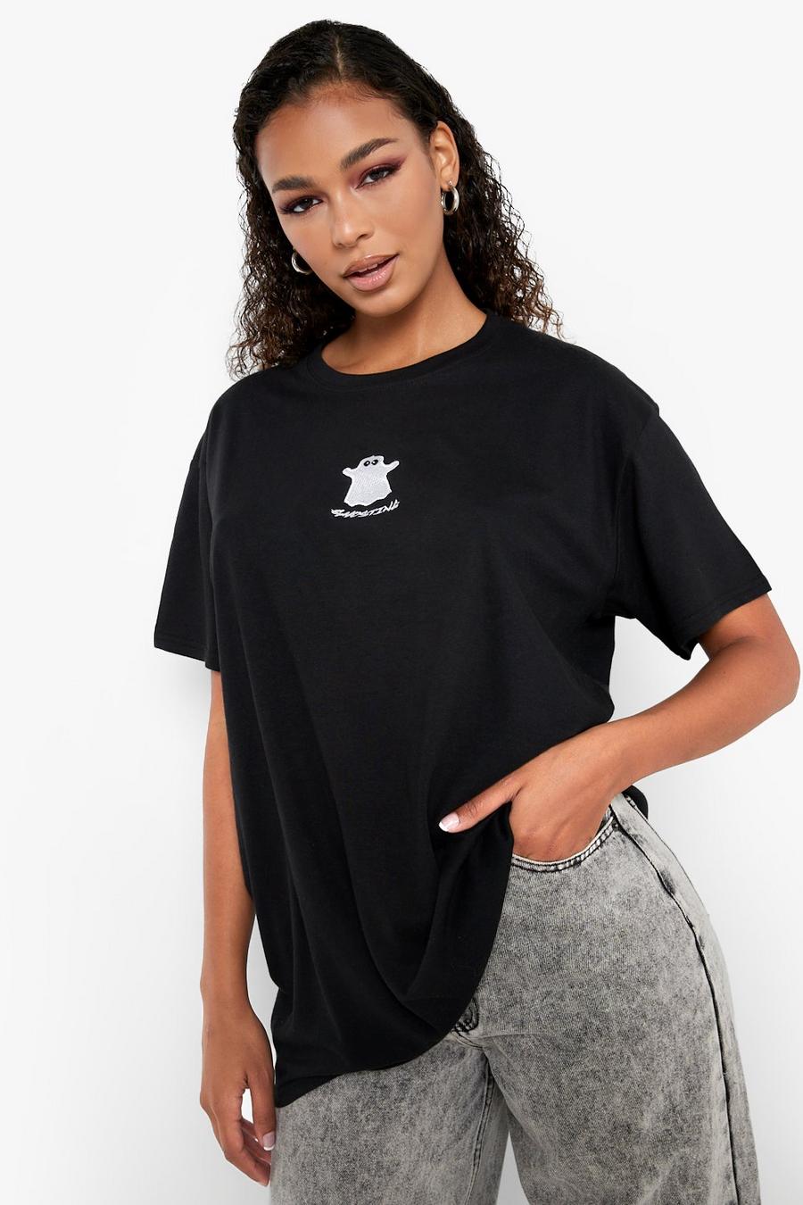 Black Halloween Ghost Embroidered Oversized T-shirt image number 1