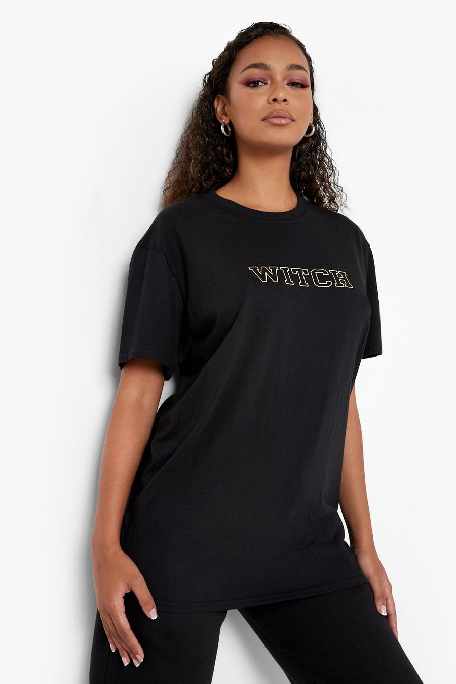 Camiseta oversize con estampado de bruja de Halloween, Black image number 1