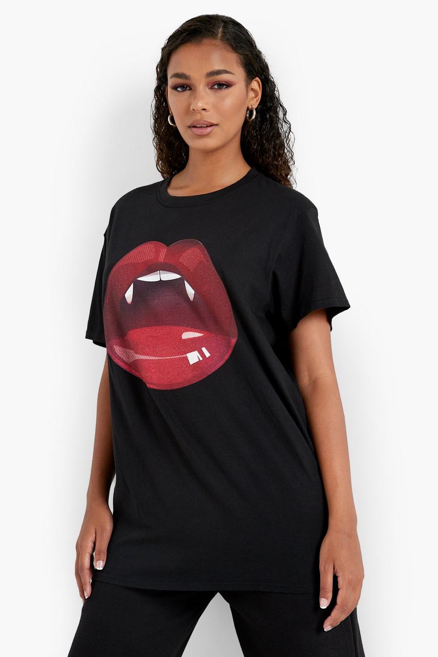 Camiseta oversize de Halloween con estampado de labios, Black image number 1