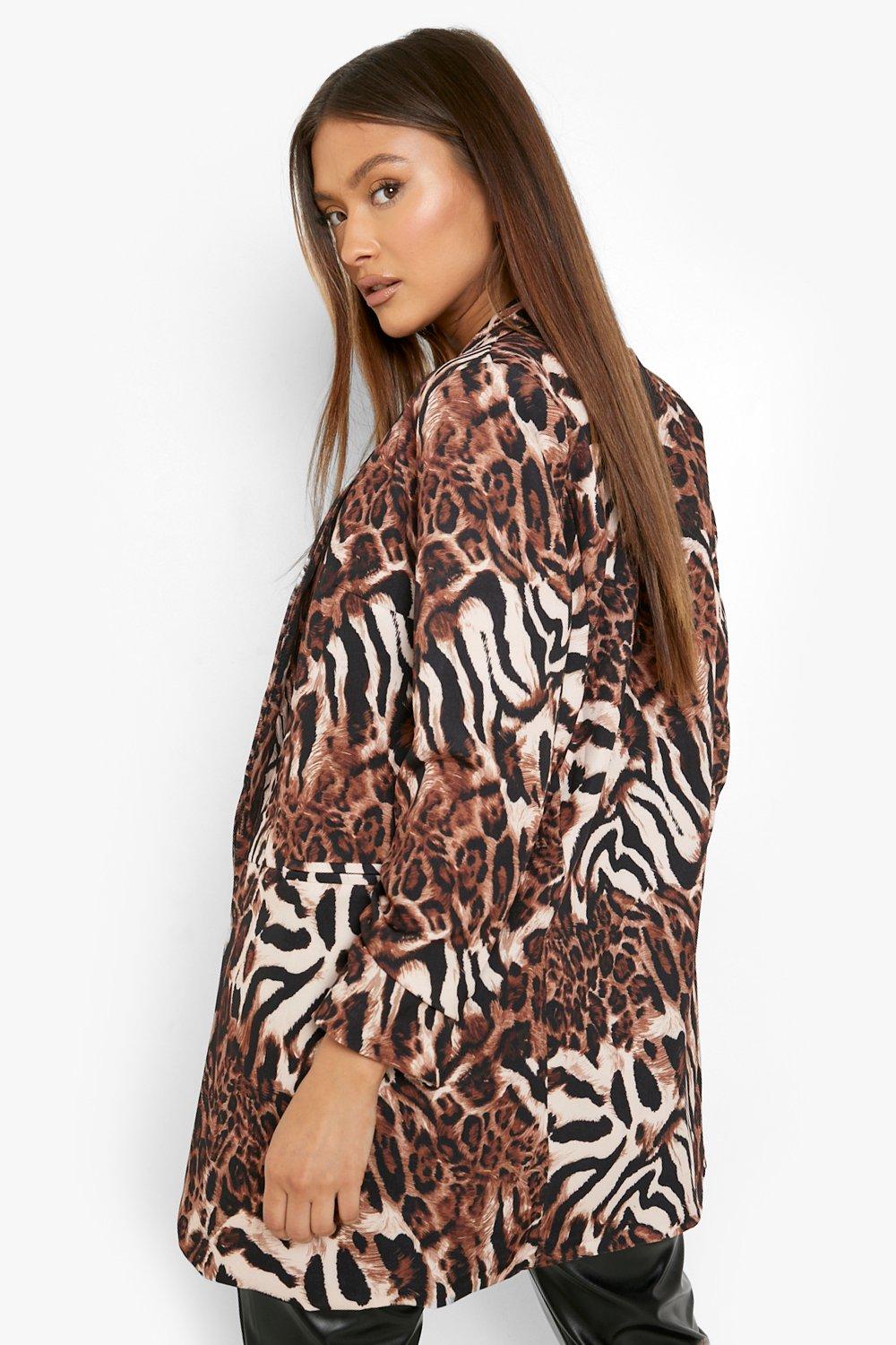 Leopard Print Ruched Sleeve Blazer