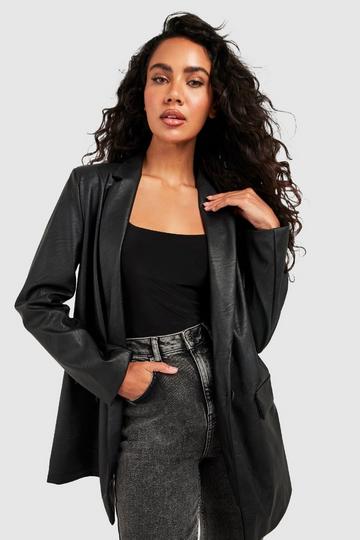 Black Faux Leather Single Button Blazer