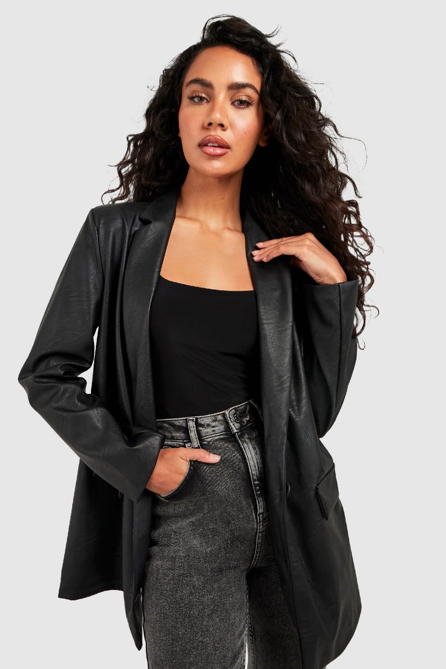 Black Leather Look Single Button Blazer image number 1