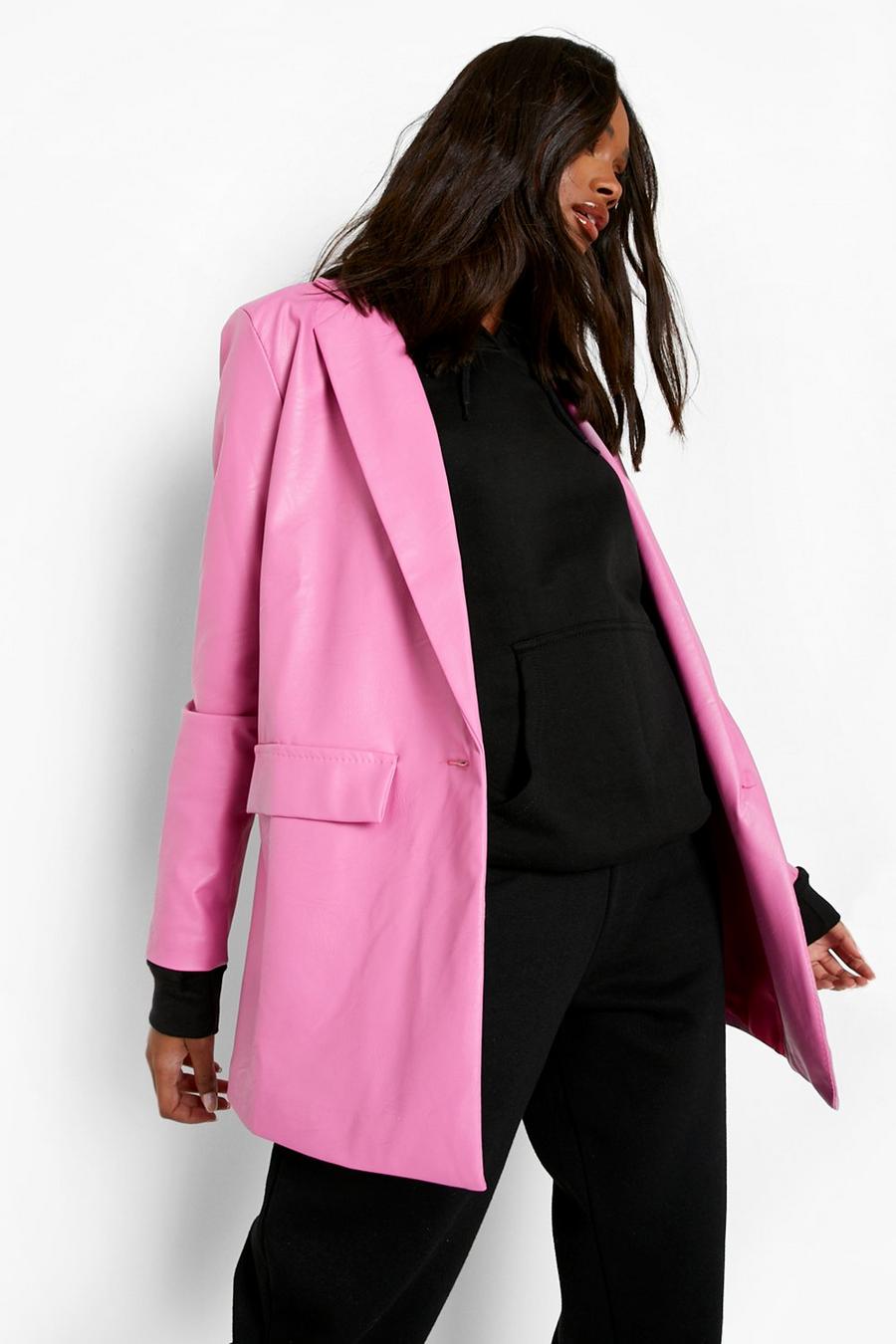 Magenta Faux Leather Single Button Blazer image number 1