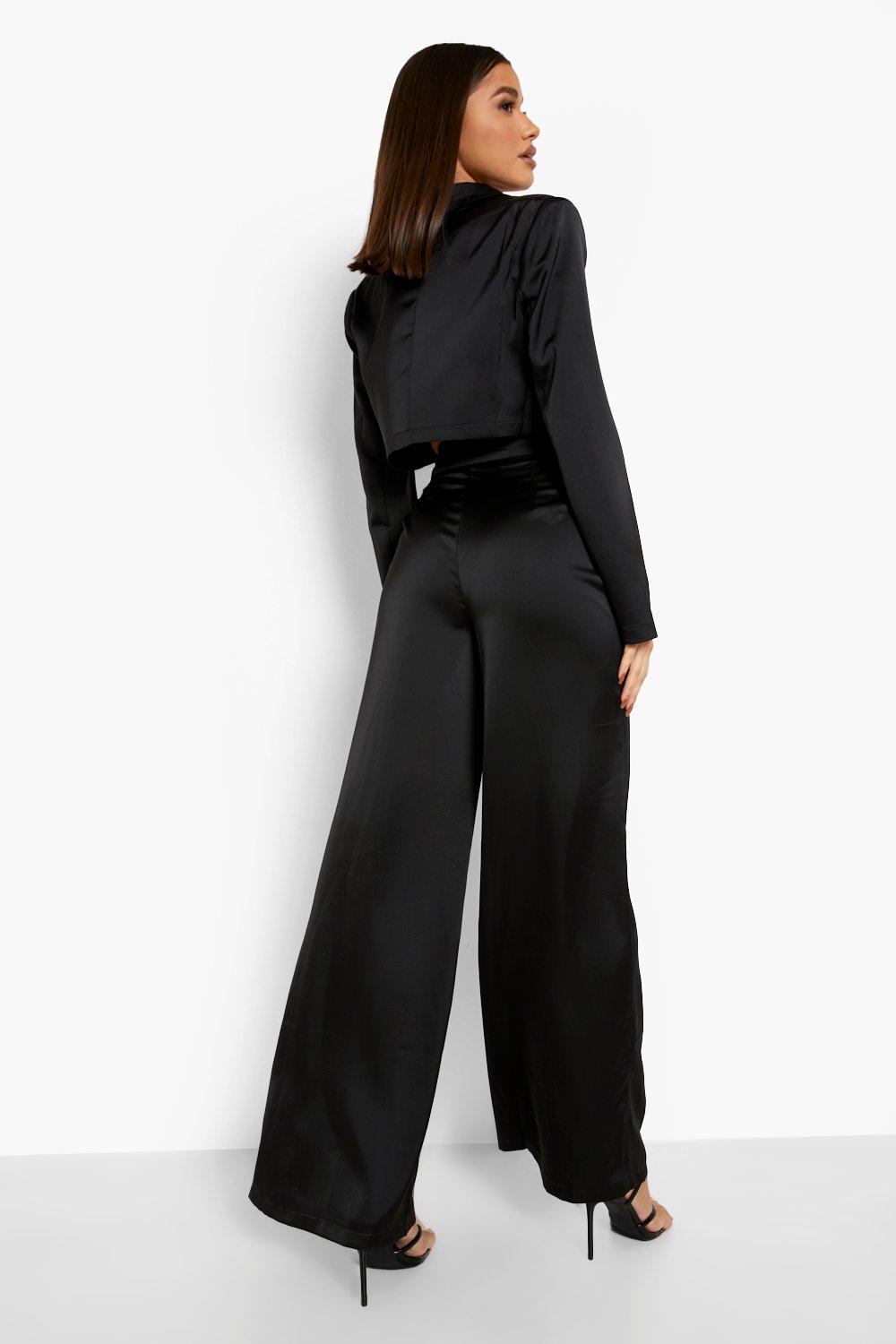 Black satin wide leg pants hotsell