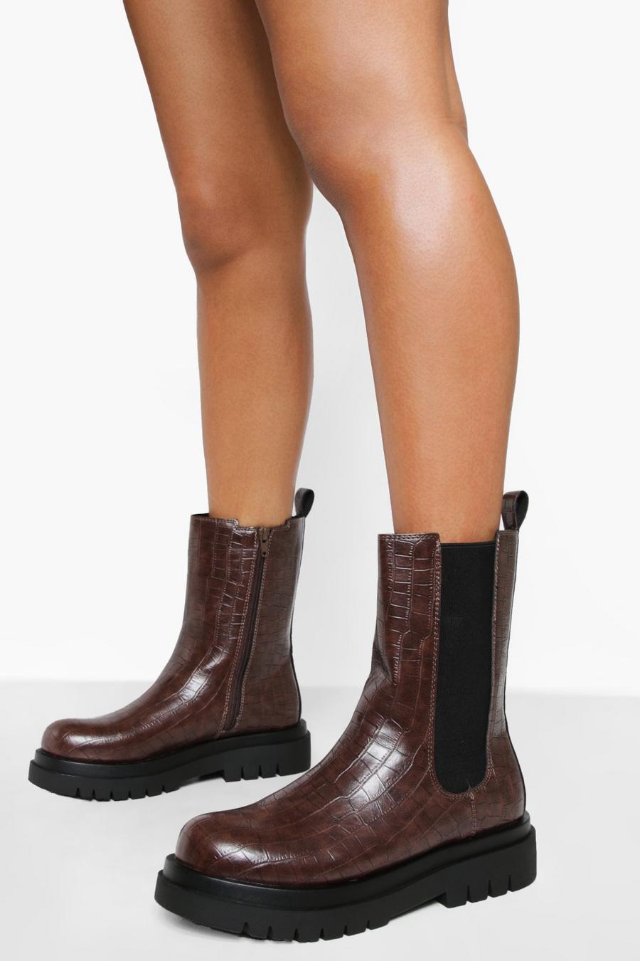 Chocolate Croc Chunky Chelsea Boots image number 1