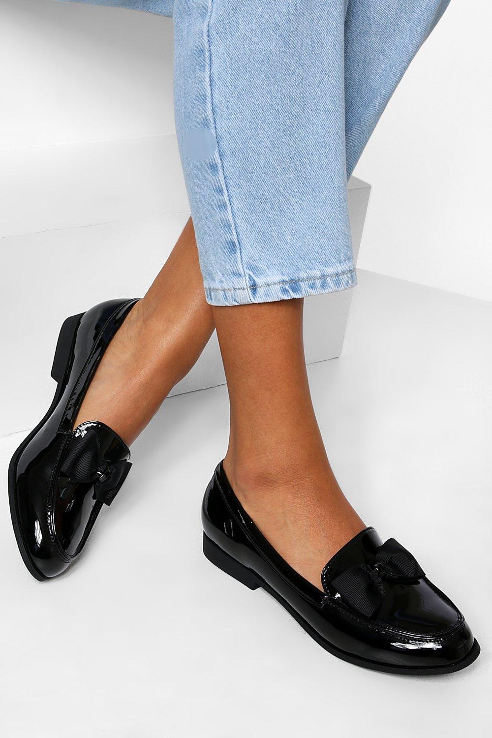 Patent Bow Detail Loafers | Boohoo UK