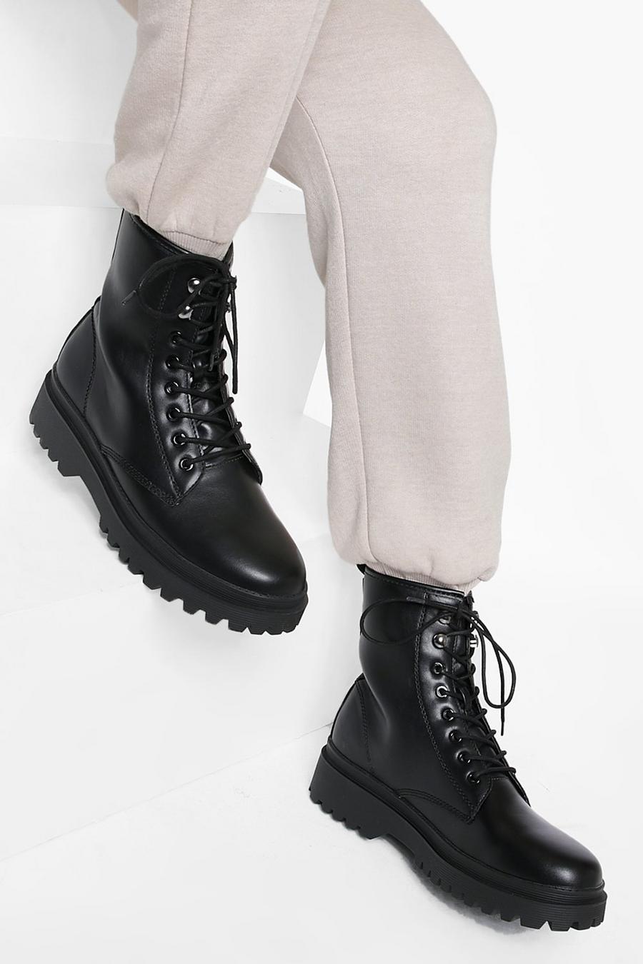 Black Lace Up Pu Hiker Chunky Boots image number 1