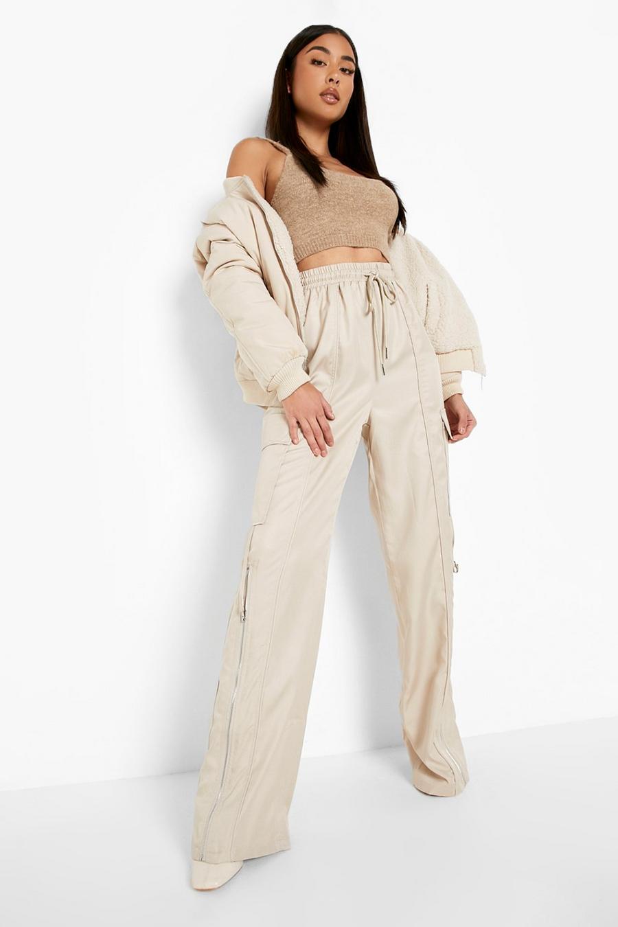 Sand Geweven Wide Leg Cargo Broek image number 1