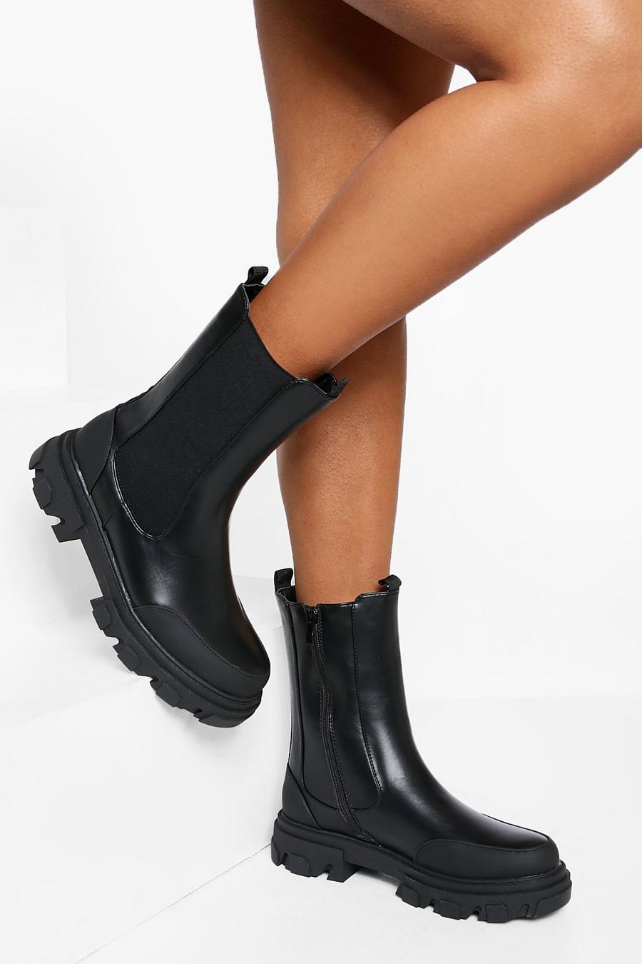 Black Cleated Calf Height Chelsea Boots