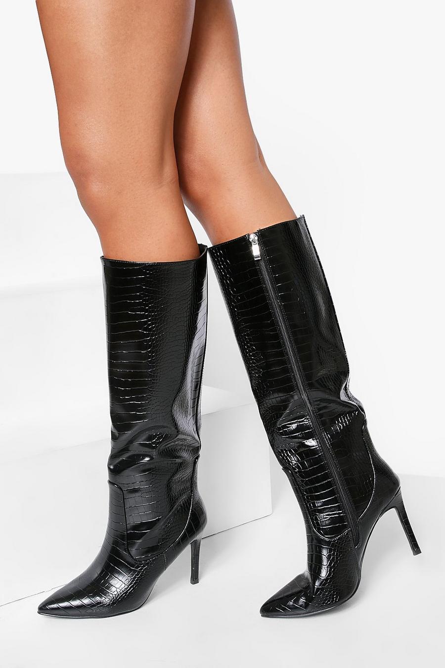 Black Croc Pointed Toe Knee High Boots image number 1
