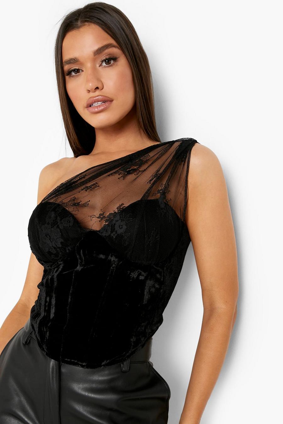 Top asymétrique style corset en dentelle, Black image number 1