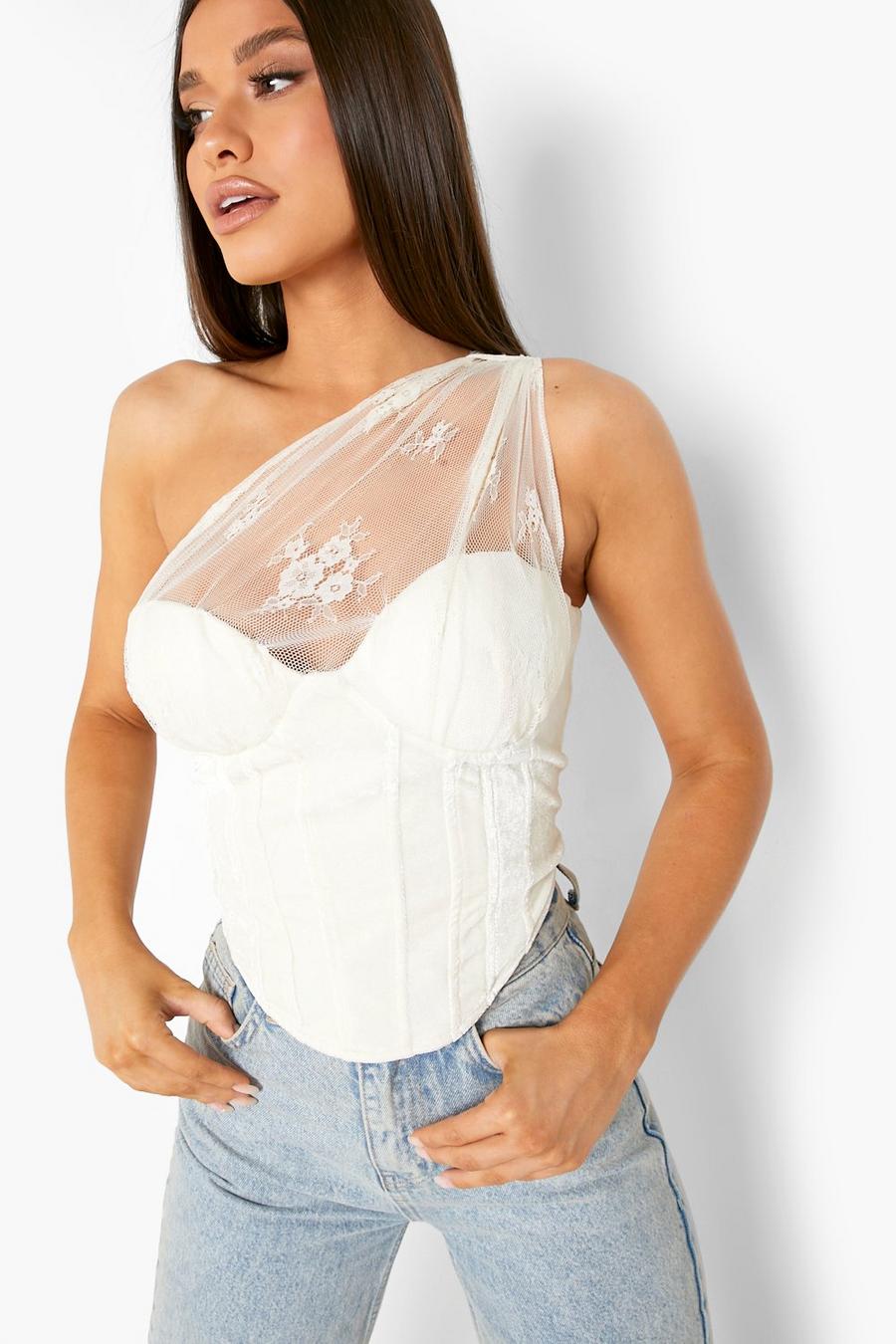 Ivory white One Shoulder Lace Detail Corset Top