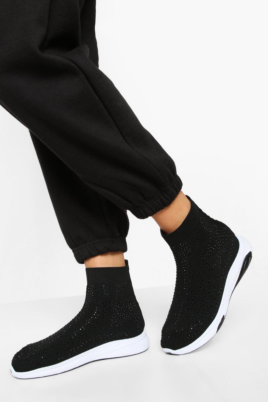 Black Wide Fit Diamante Sock Trainers image number 1