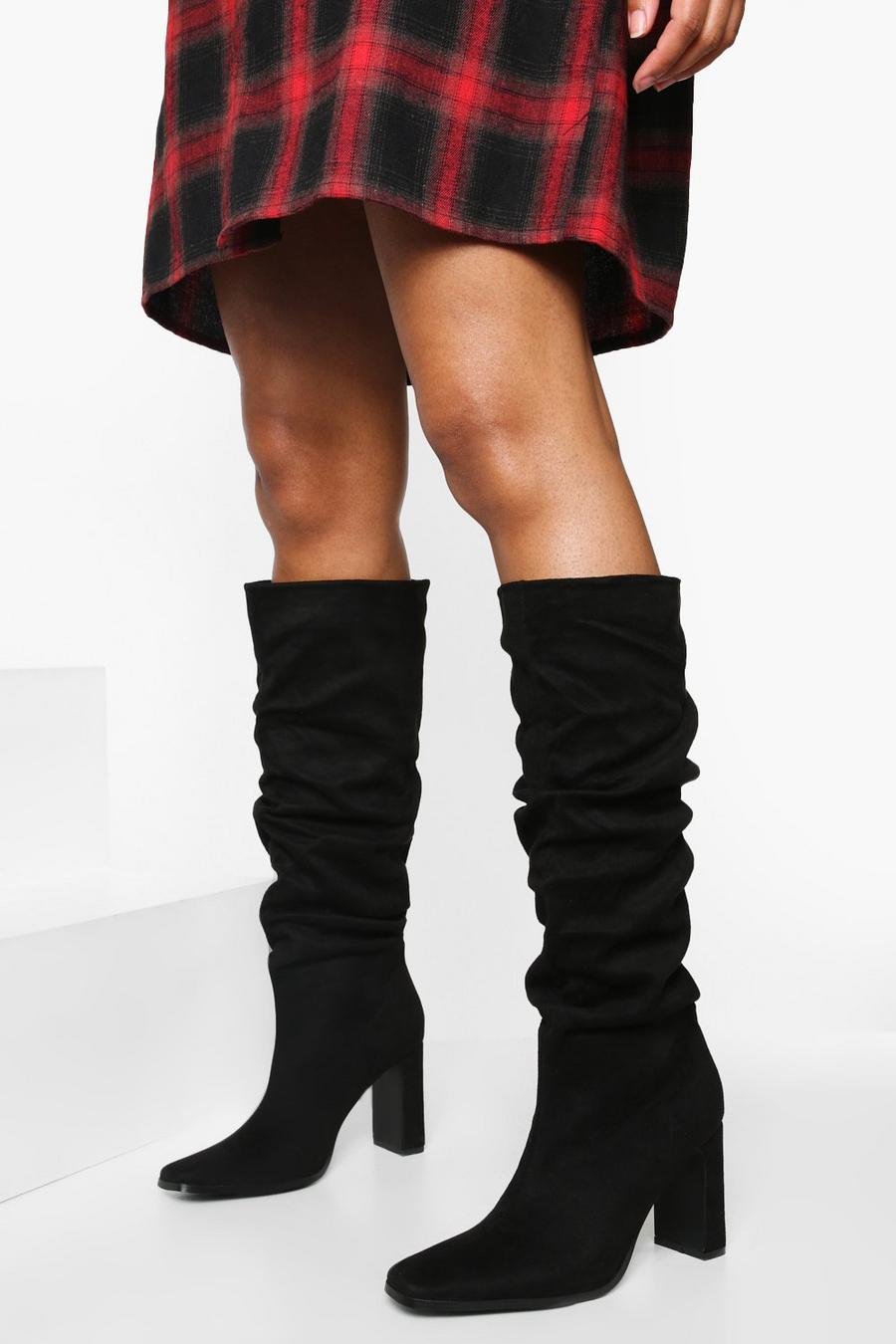 Black Ruched Knee High Heeled Boots image number 1