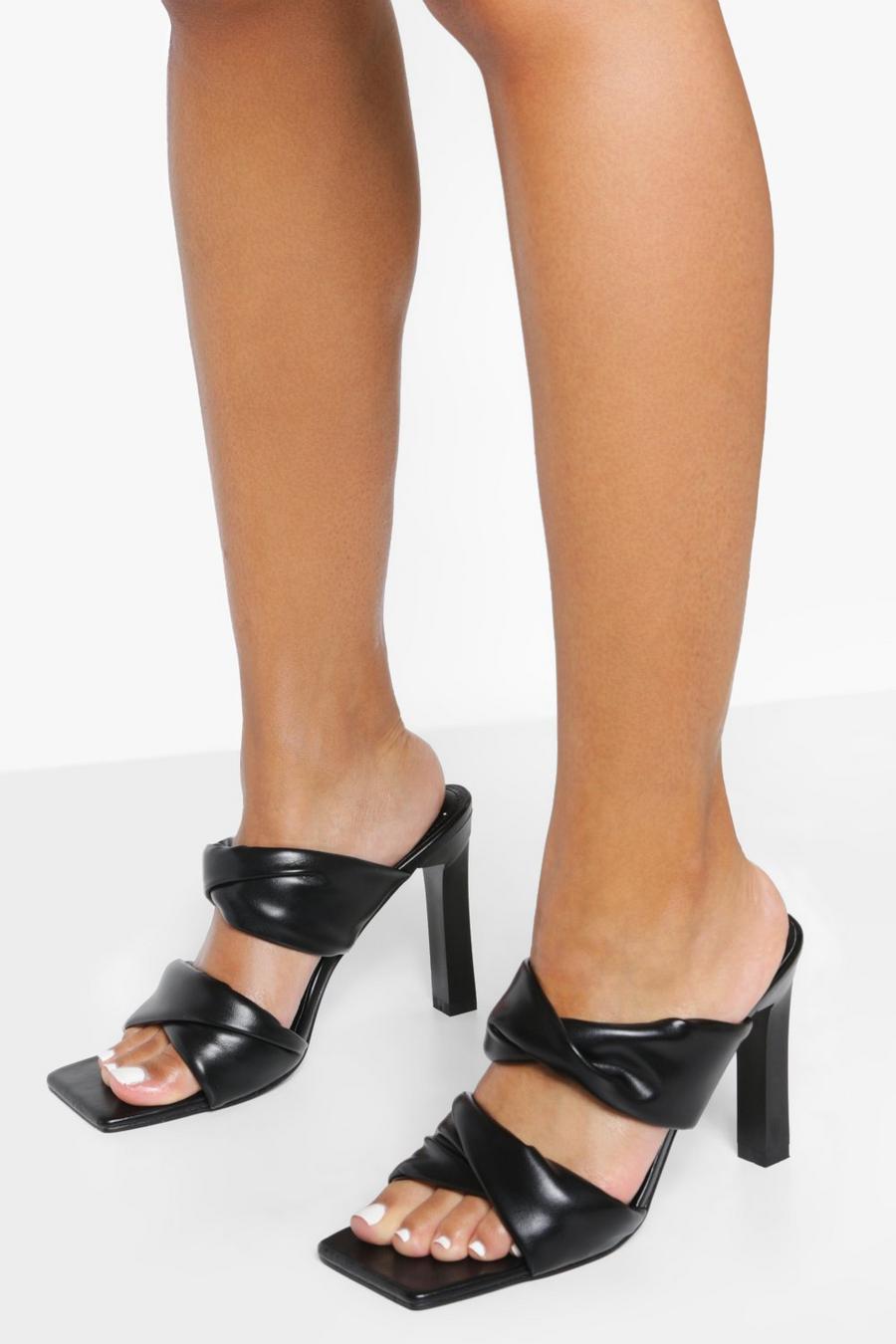 Black Double Twisted Strap Heeled Mule