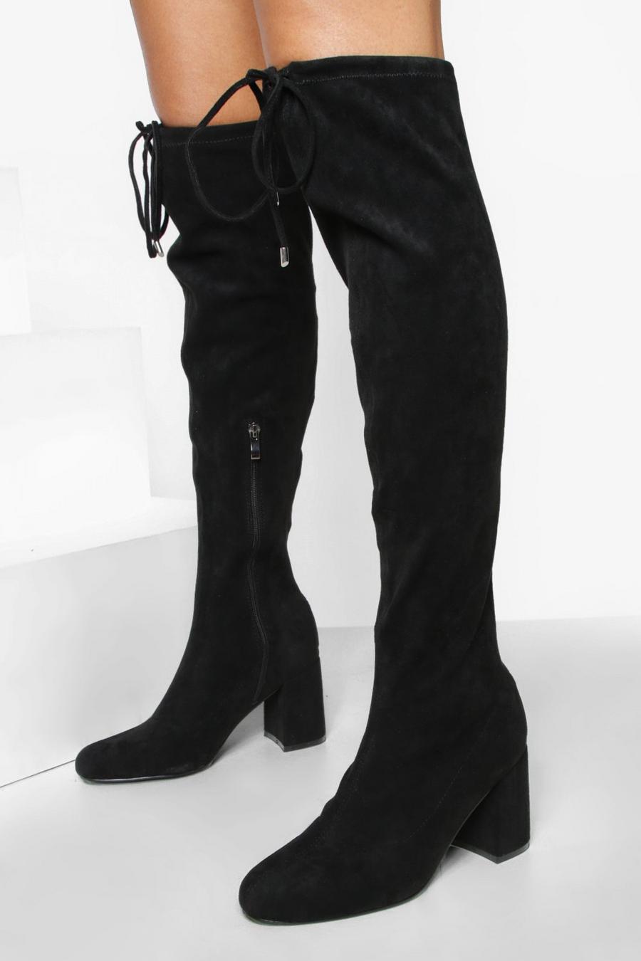 Black Block Heel Stretch Over The Knee Boots image number 1