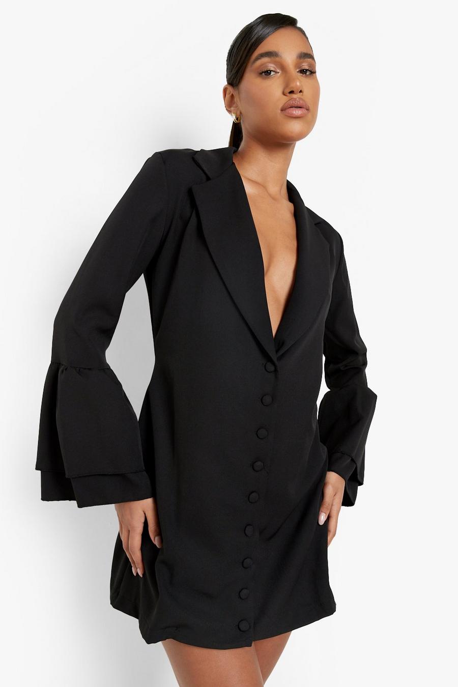 Black Flared Sleeve Button Front Blazer Dress image number 1