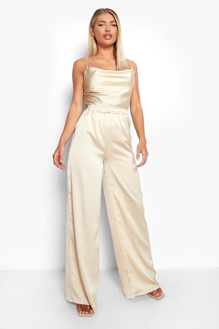 Oyster Satin Floor Sweeping Wide Leg Trousers image number 1