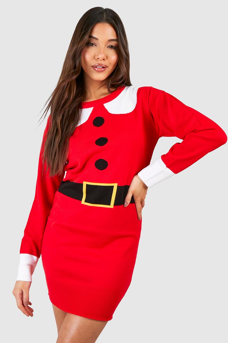 ACSUSS Womens Ladies Santa Claus Costume Christmas Outfit Long Sleeve Midi Dress 