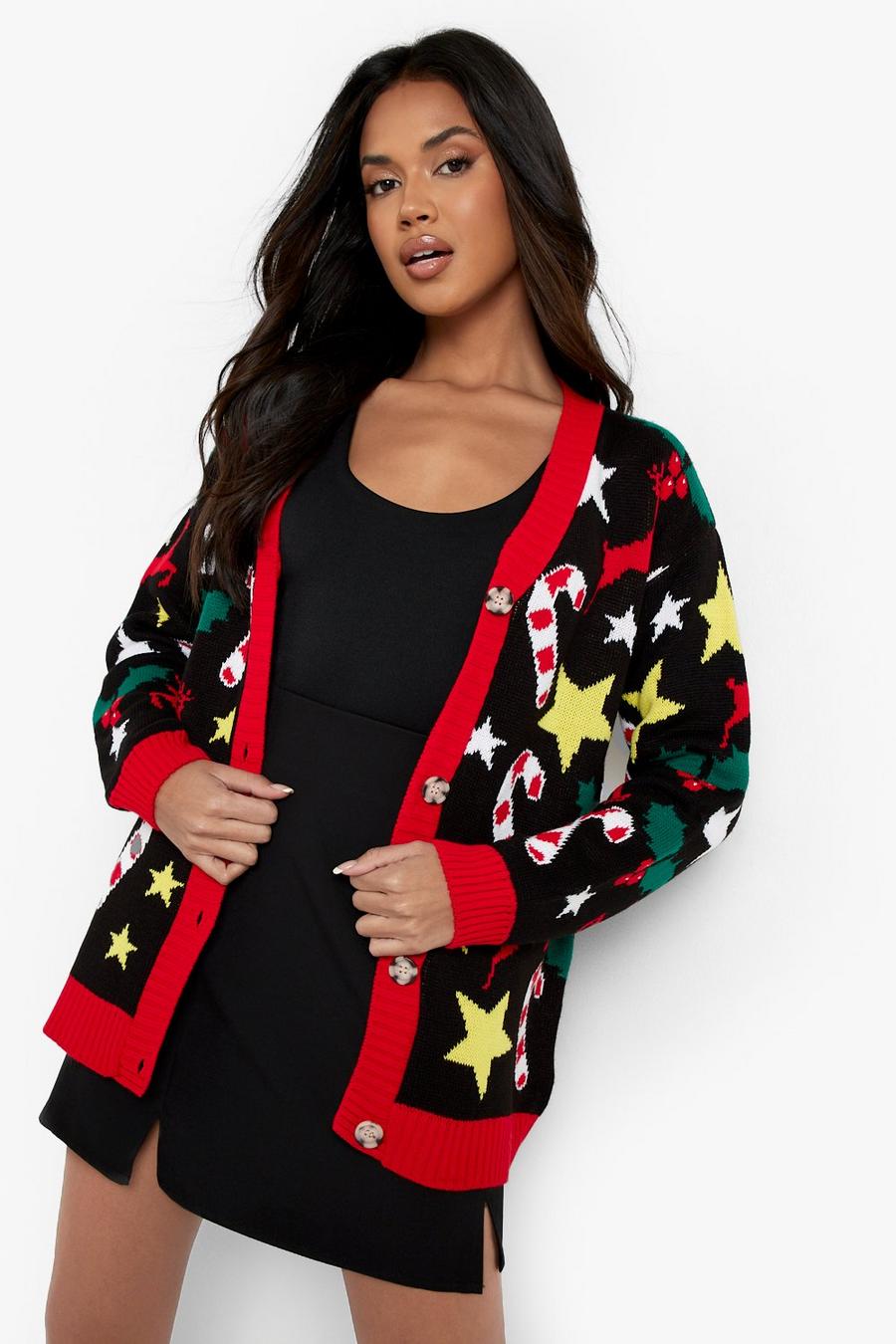 Cardigan con scritta Ugly Christmas, Black image number 1