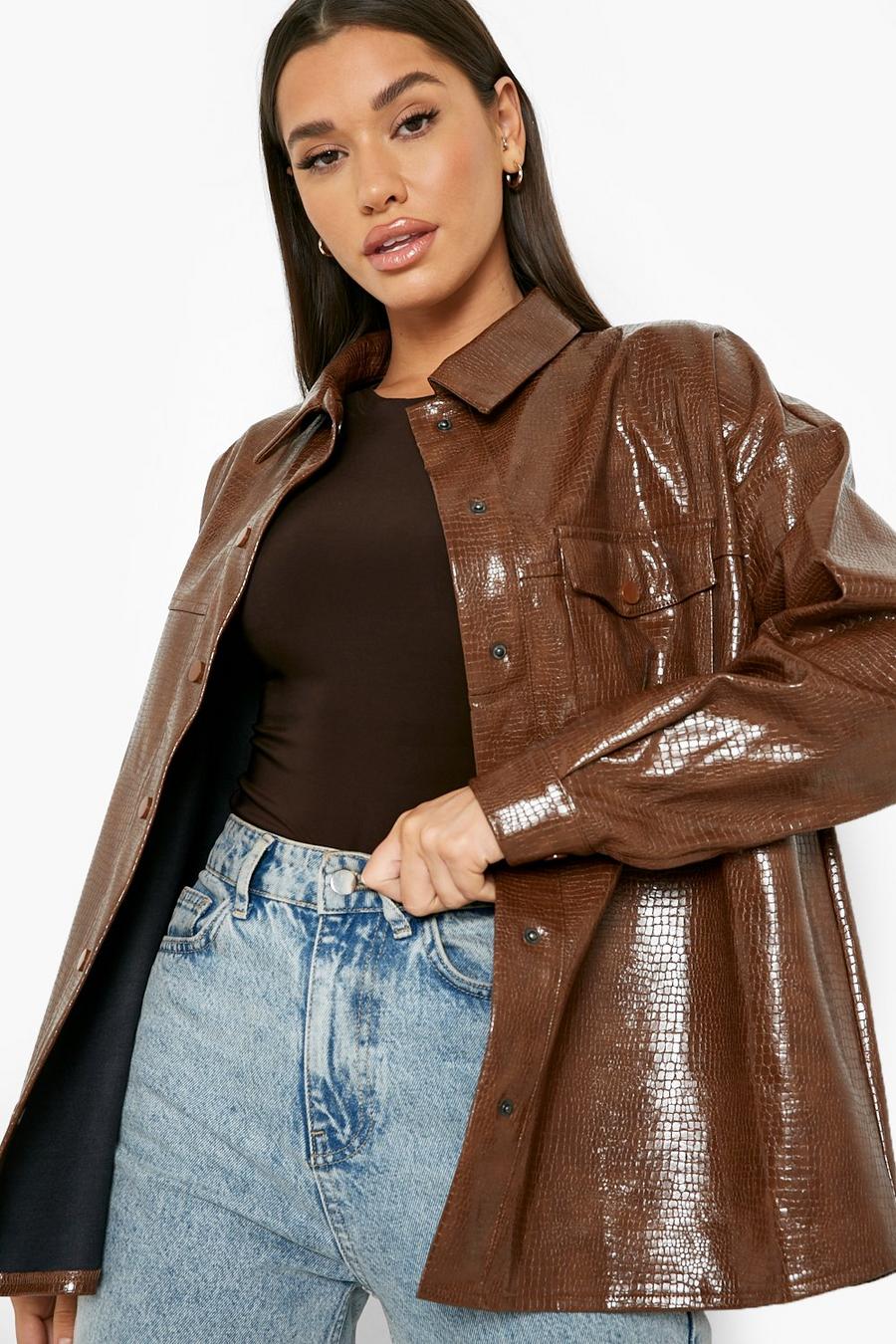 Chocolate Premium Croc Faux Leather Oversized Shirt image number 1