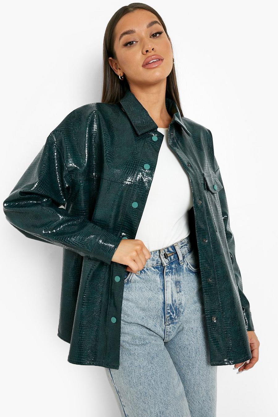 Forest Premium Croc Faux Leather Oversized Shirt image number 1