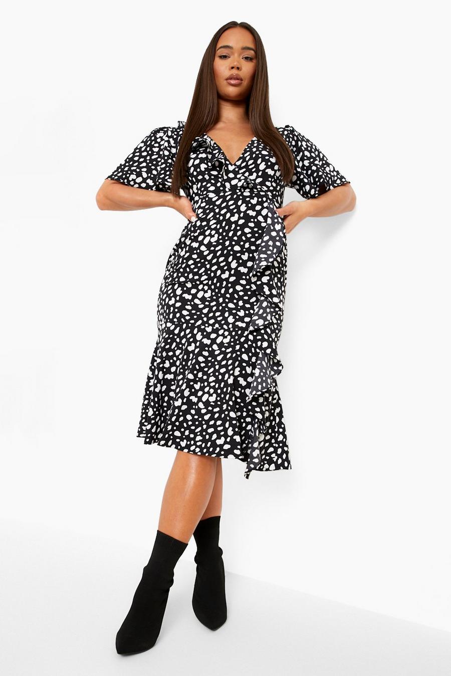 Rüschen-Kleid mit weiten Ärmeln und Dalmatiner-Print, Schwarz image number 1