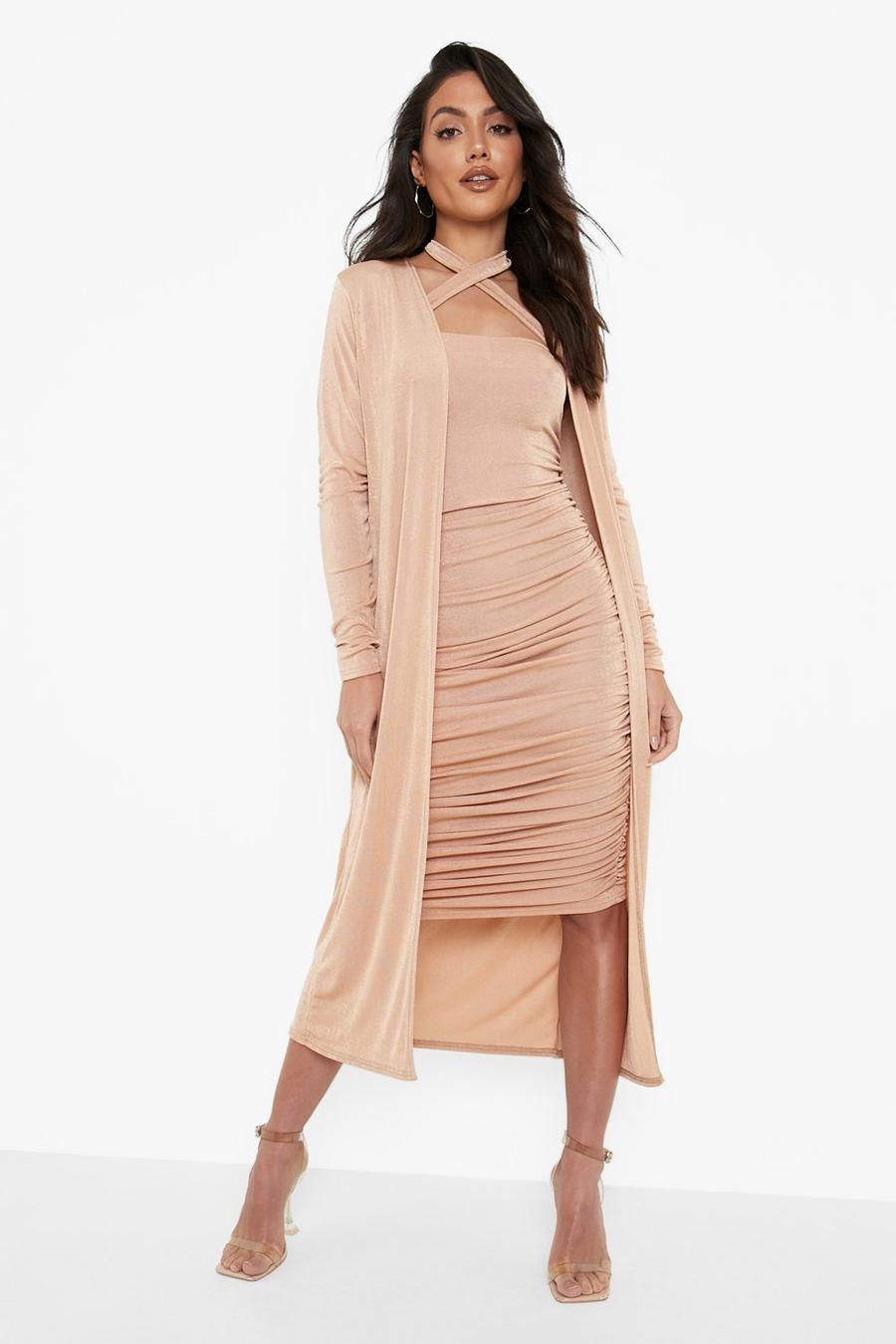 Sand Textured Slinky Ruched Midi & Duster Set image number 1