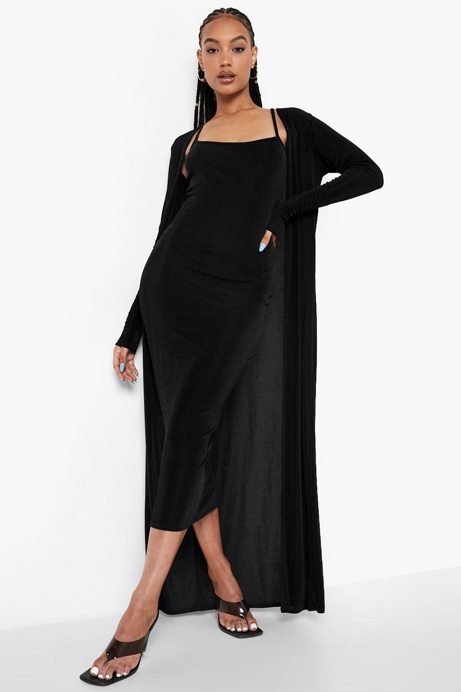 Black Textured Slinky Midi Dress & Duster Set image number 1