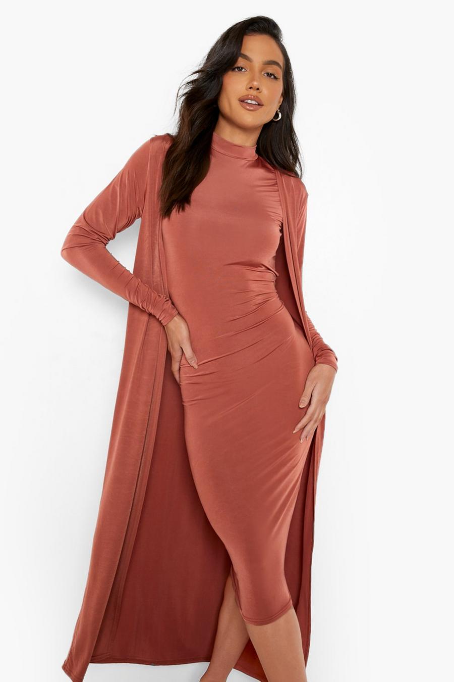 Terracotta Slinky High Neck Midi Dress And Duster Set image number 1