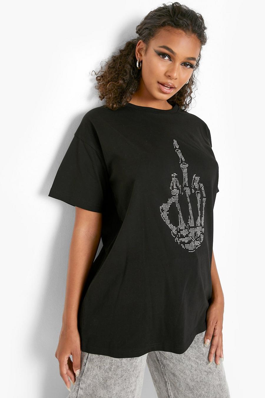 Black Halloween Diamante Skeleton Hand T-shirt image number 1
