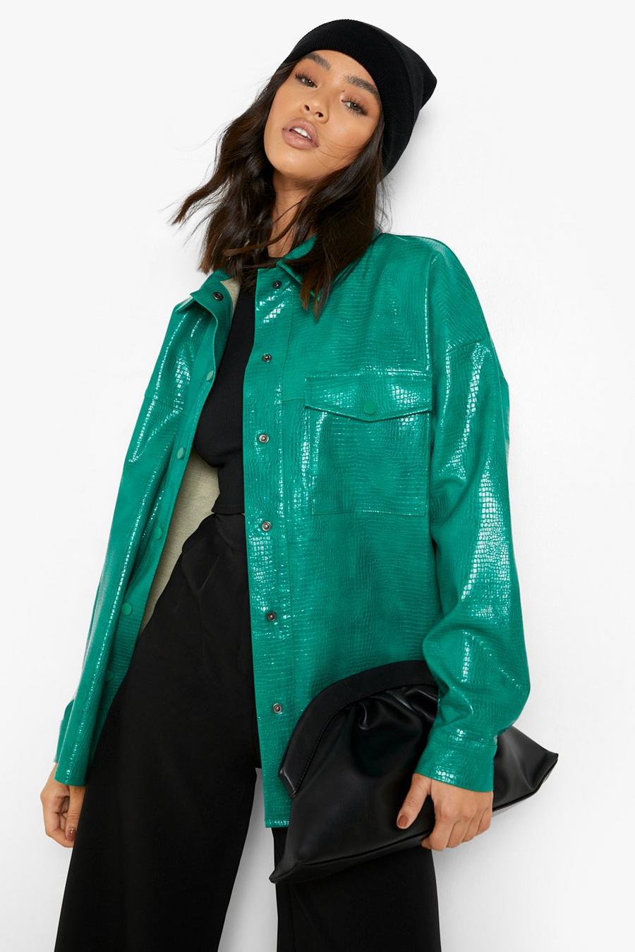 Green Premium Croc Faux Leather Oversized Shirt image number 1