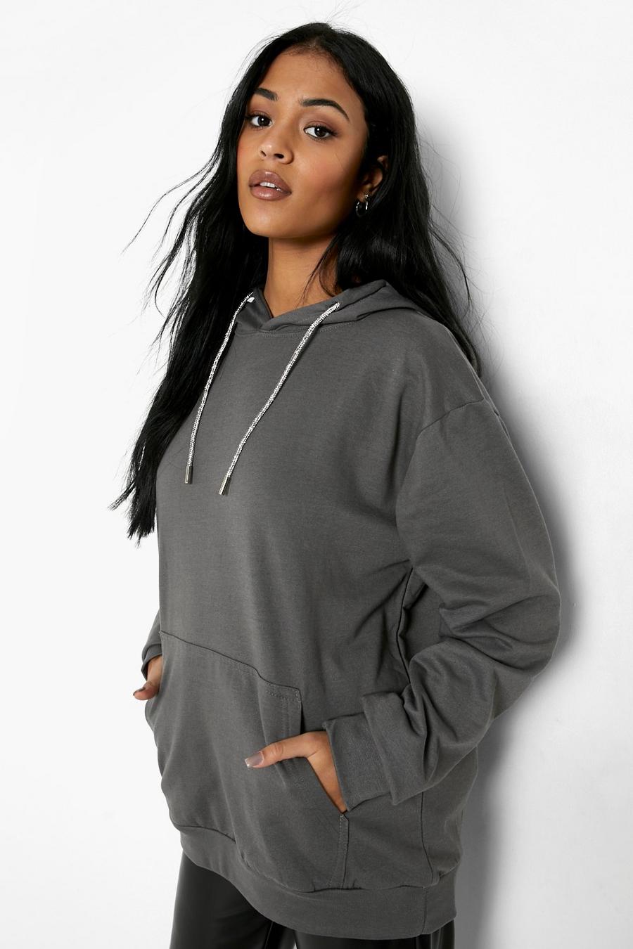 Charcoal Tall Diamante Toggle Hoodie image number 1