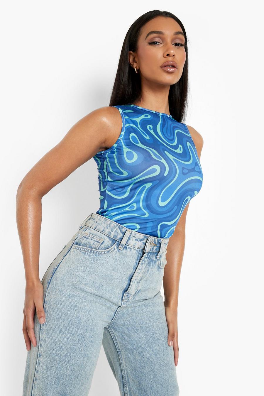 Blue Abstract Print  Racer Neck Bodysuit image number 1