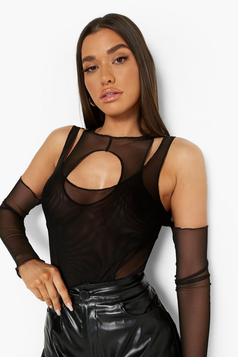 Black Tessa Brooks Double Layer Cut Out Mesh Bodysuit image number 1