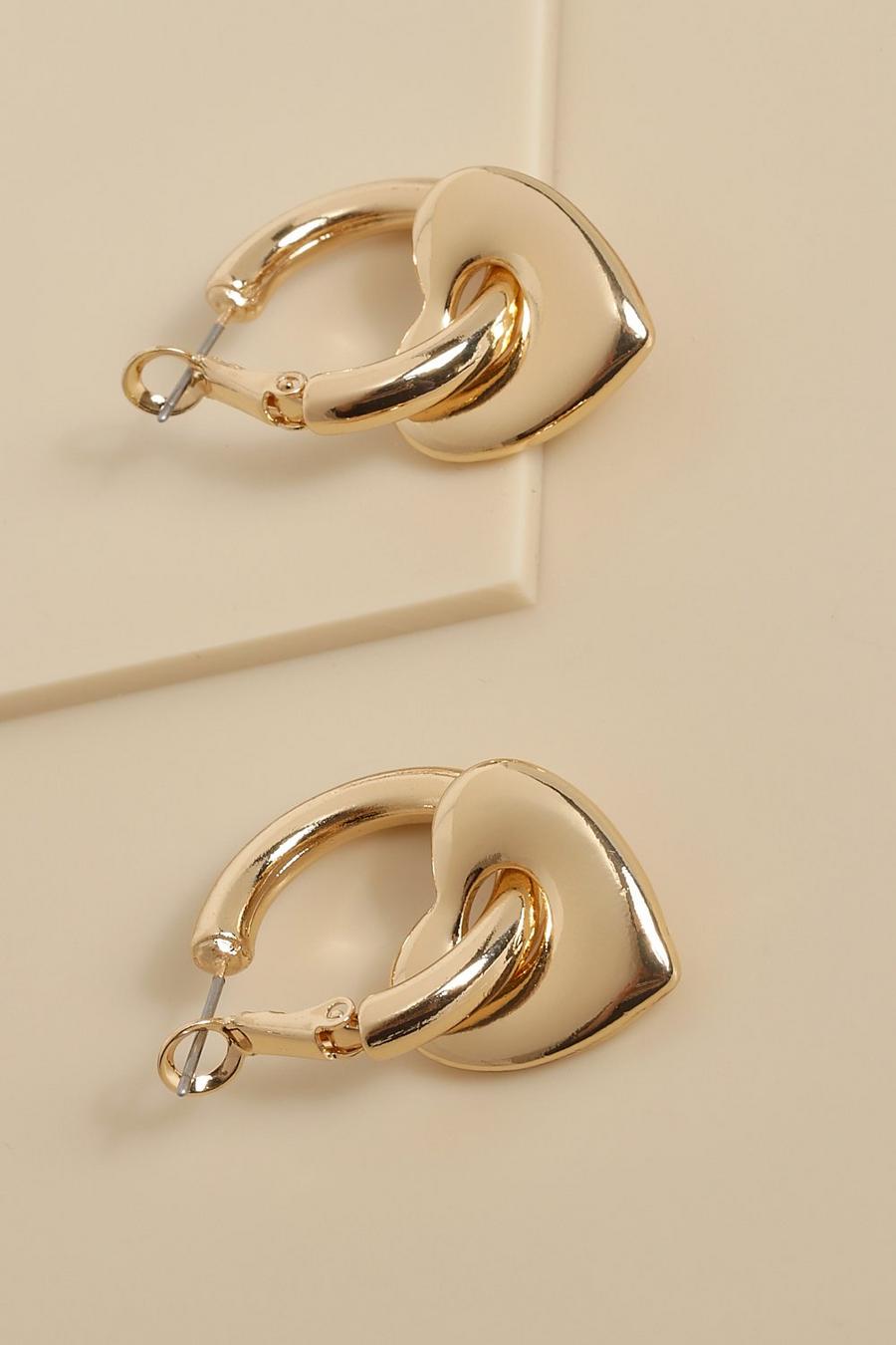 Gold metallic Mini Heart Tear Drop Hoop Earrings image number 1
