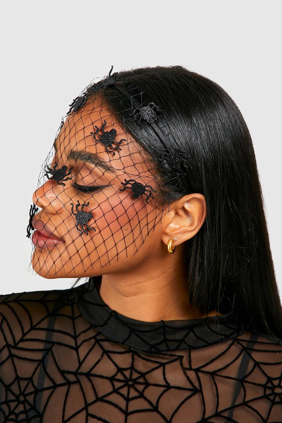 Black nero Halloween Spider Veil Headband image number 1