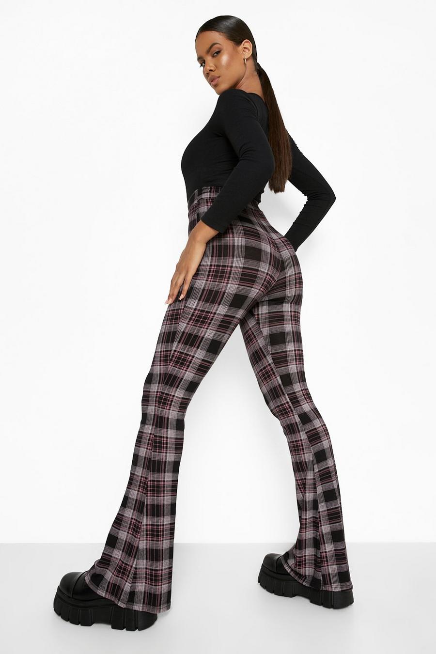 Pink Plaid Flannel Print Jersey Flares image number 1