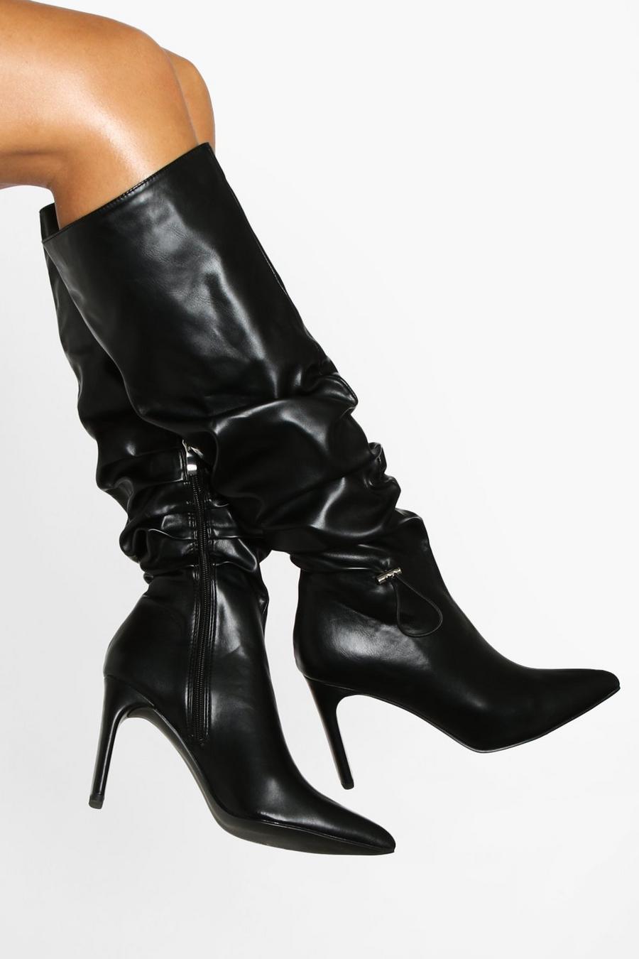 Black Knee High Ruched Stiletto Boots image number 1
