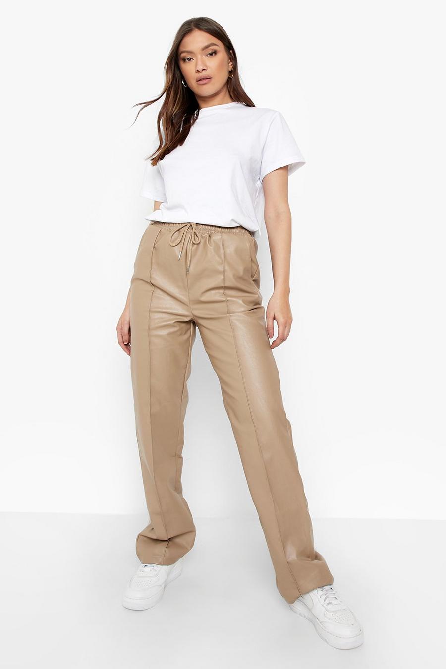 Beige Wide Leg Piping Front Pu Joggers image number 1