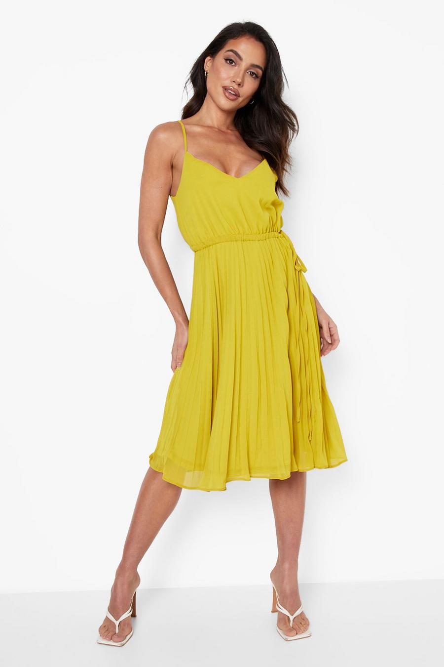 Mustard Strappy Pleated Midi Skater Dress image number 1