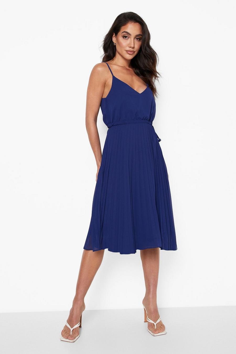 Navy Strappy Pleated Midi Skater Dress image number 1