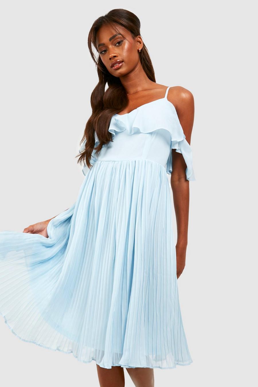 Pastel blue Cold Shoulder Ruffle Midi Bridesmaid Dress image number 1